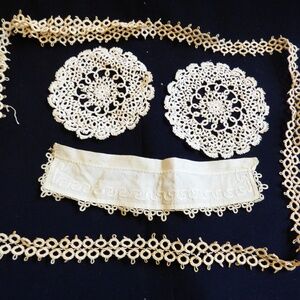 VTG antique Victorian hand made tatted trims Lace Edgings Patches 4 pc lot